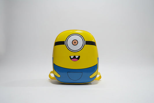 A yellow and blue hard shell picnic bag with a character face on the front, designed for children.