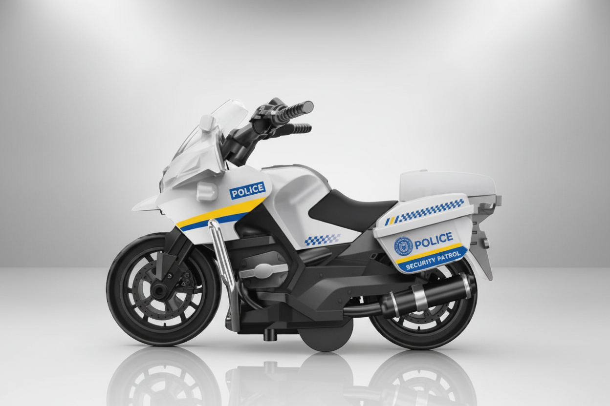 A friction-powered toy police motorcycle made of diecast, primarily white with blue and yellow accents, designed for children.