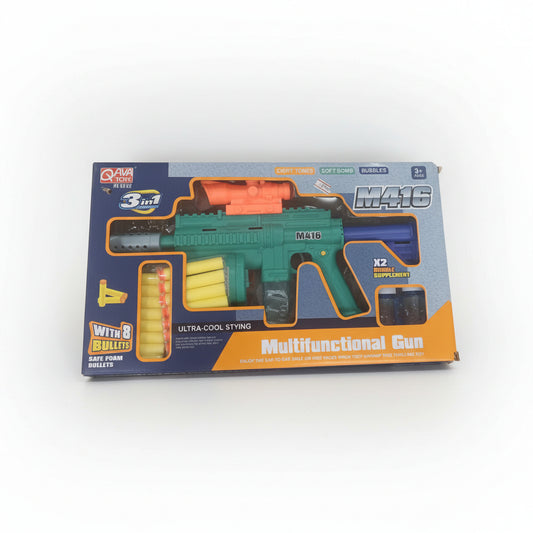A Multifunctional Toy Gun packaged in a box, predominantly green with additional colors visible on the toy, including yellow and black.
