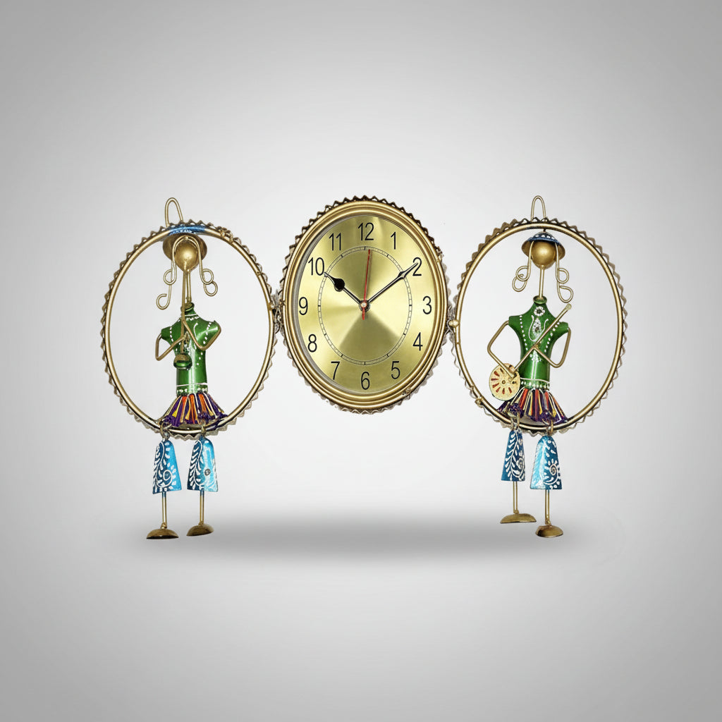 A decorative wall clock featuring a golden-colored frame with a musical theme, including a figure of a conductor and a second figure, both with green and multicolored details.