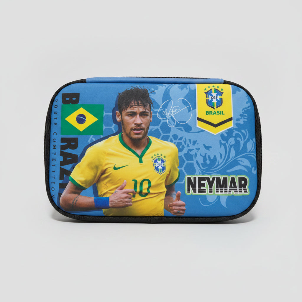 A 3D Neymar pencil box with a hard shell, featuring a 3D print design with the image of Neymar in a yellow soccer uniform. The box is closed and displayed against a blue background.