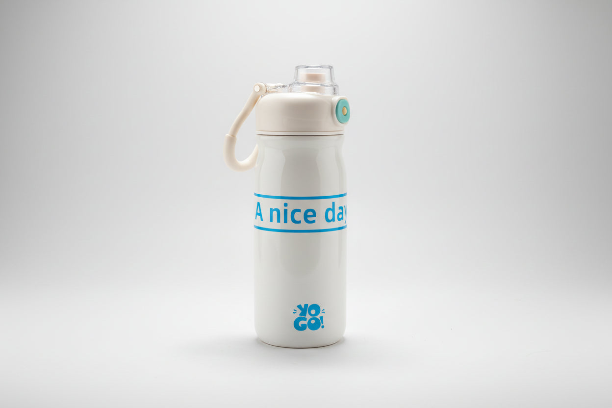 White water bottle with blue text on a white background