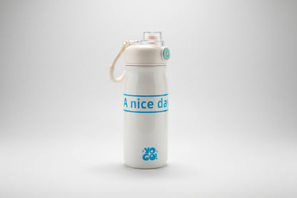 White water bottle with blue text on a white background
