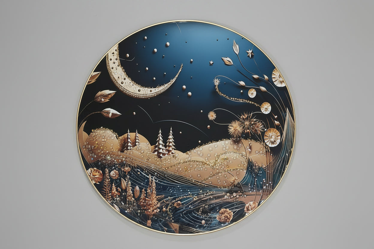 A glossy finish wall decor featuring a moonlight landscape scenery with a crescent moon, stars, and a forest.