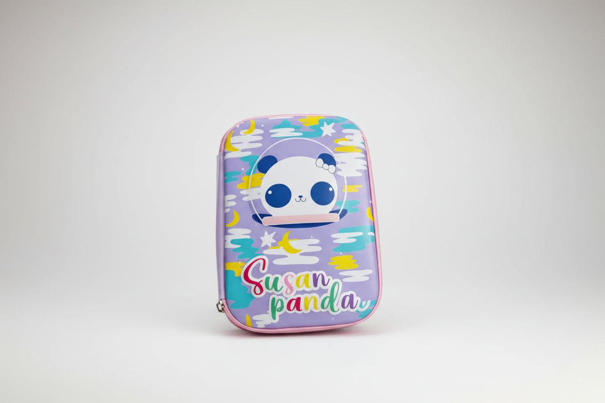 A multicolored pencil pouch with a 3D design featuring a panda character named Susan Pandar, with a zip closure.