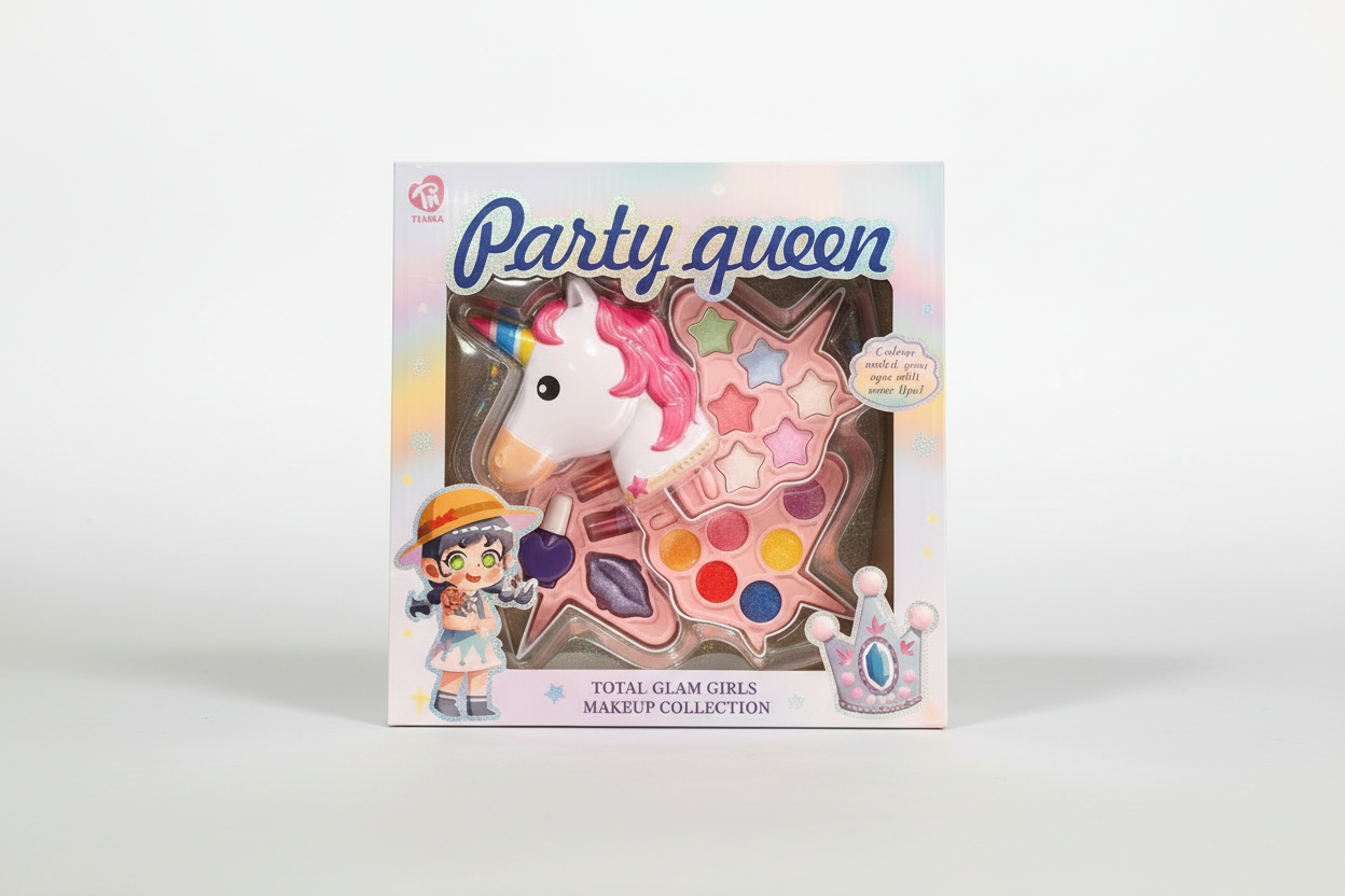 Makeup set for children with unicorn design and 'Party queen' branding on packaging