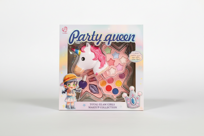 Makeup set for children with unicorn design and 'Party queen' branding on packaging