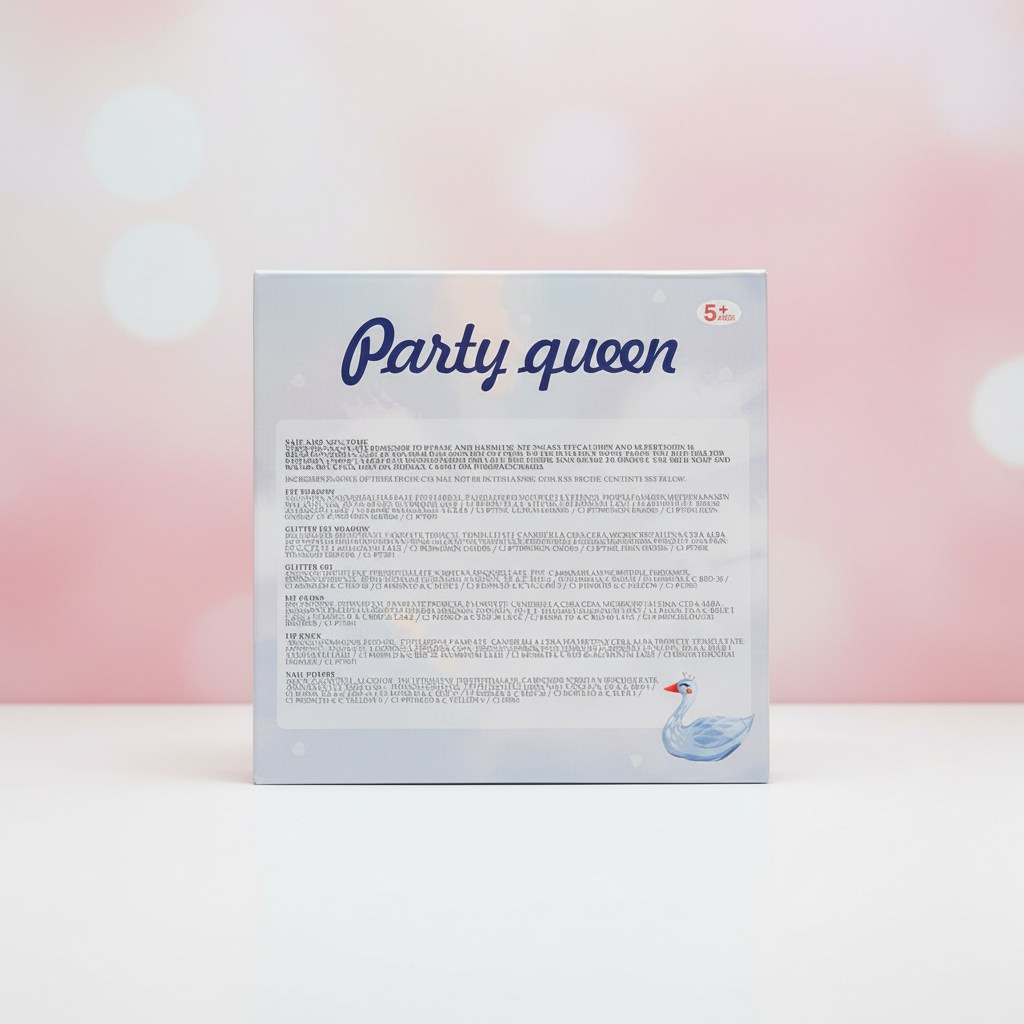 Back of a product packaging with 'Party queen' branding and text.