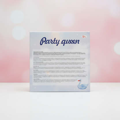 Back of a product packaging with 'Party queen' branding and text.