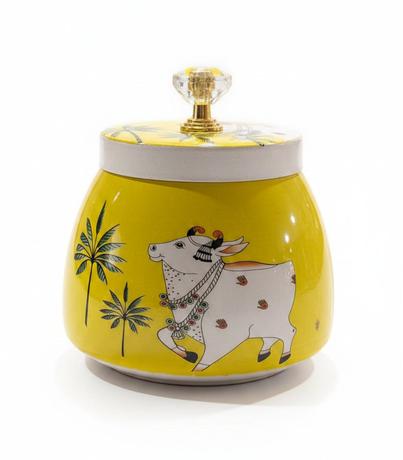 pichwai metal jar yellow