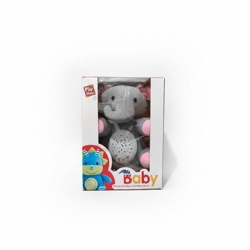 A plush musical toy in the shape of a gray elephant with a pink pattern on its head, packaged in a box with 'Play Books' branding and a cartoon image of a baby on the front.