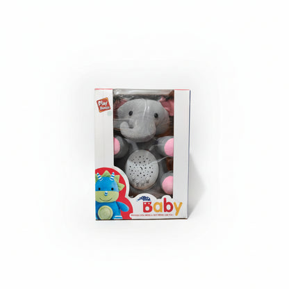 A plush musical toy in the shape of a gray elephant with a pink pattern on its head, packaged in a box with 'Play Books' branding and a cartoon image of a baby on the front.