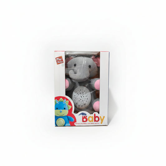 A plush musical toy in the shape of a gray elephant with a pink pattern on its head, packaged in a box with 'Play Books' branding and a cartoon image of a baby on the front.