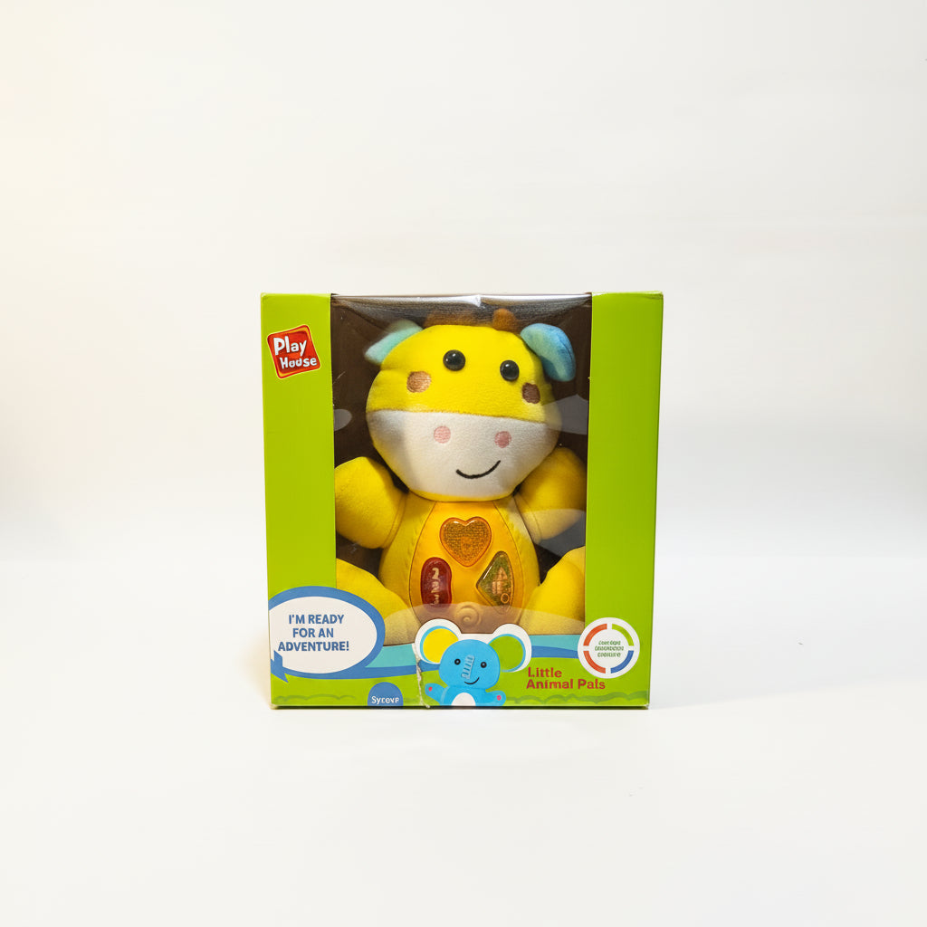 A plush musical toy in the shape of a yellow animal with a green stomach, packaged in a box labeled 'Play-A-Round' and 'I'm Heavy Adventure'.