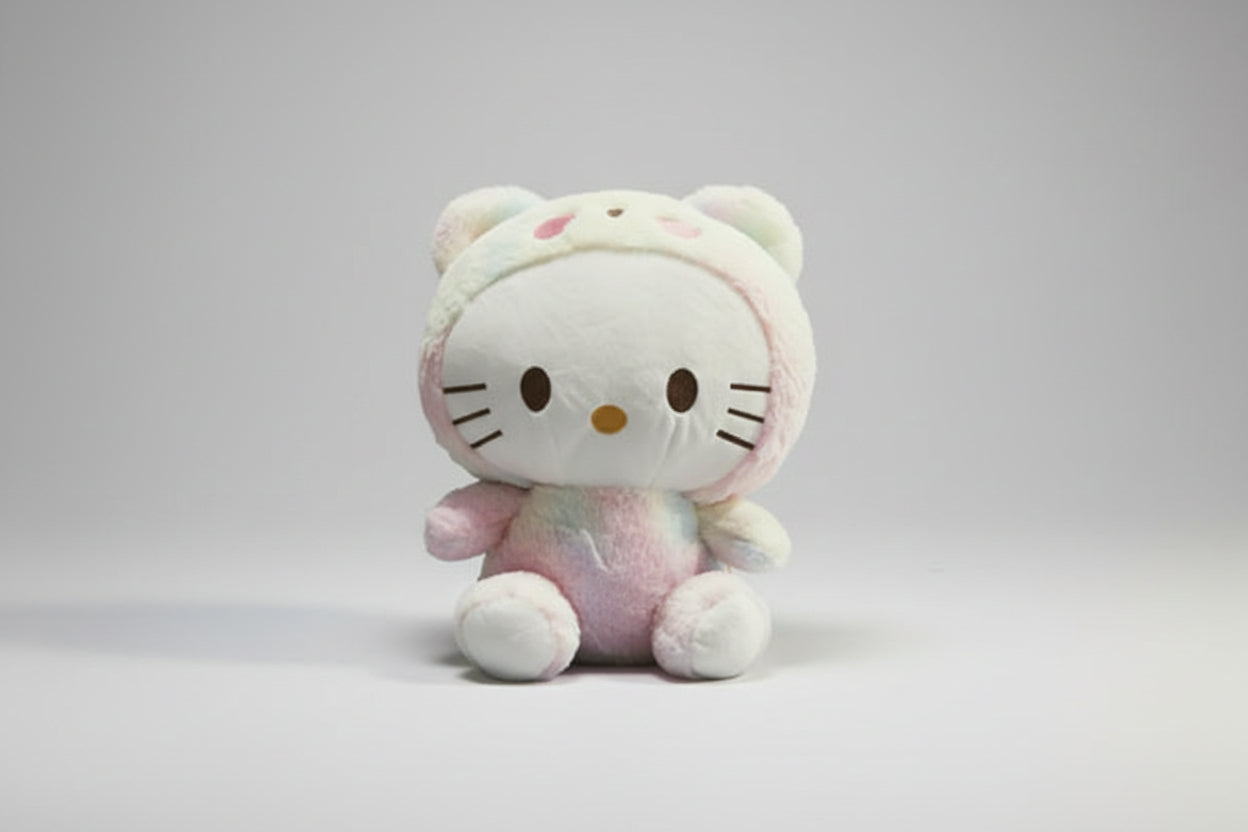Plush toy resembling a cat with a pink bow on a white background