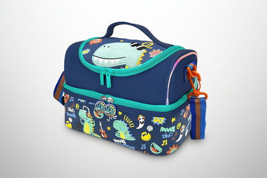 A blue insulated lunch bag with a cartoonish dinosaur design, complete with a handle and adjustable straps.