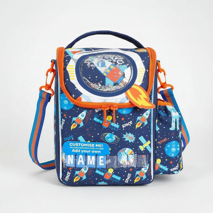 An insulated lunch bag with a space theme, featuring rockets and planets, with an adjustable strap and a water holder.