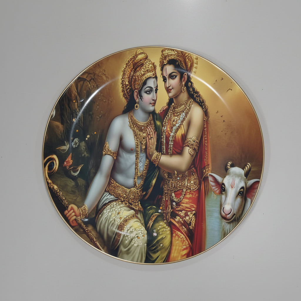 A decorative wall plate featuring artistic representations of Radha and Krishna, along with a cow, in vibrant colors with floral and celestial motifs.