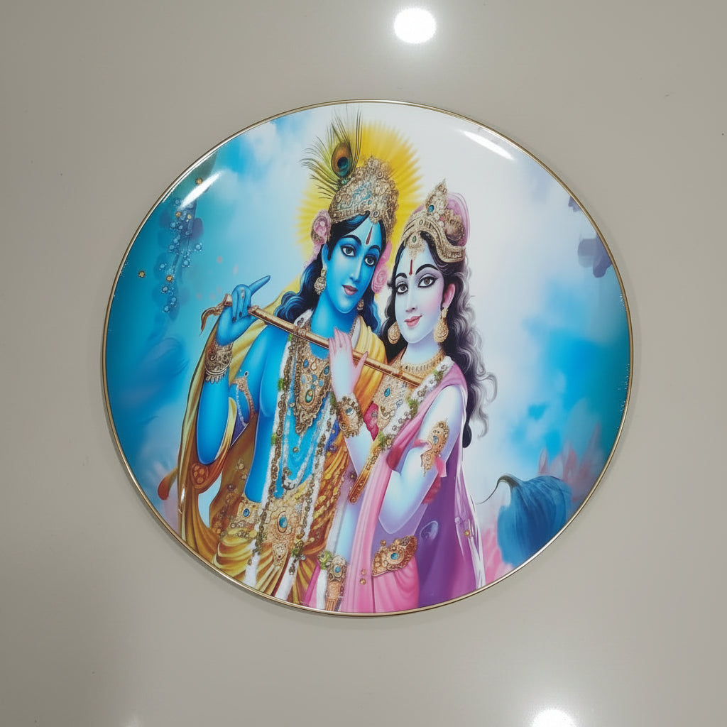 A glossy resin decorative wall plaque featuring the figures of Radha and Krishna with a blue and gold background.