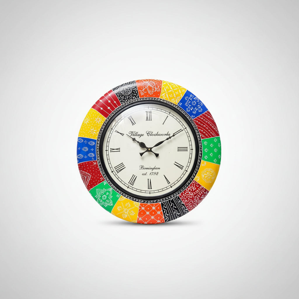 A colorful round wooden wall clock with a vibrant numeric dial and ornate patterns around the rim.