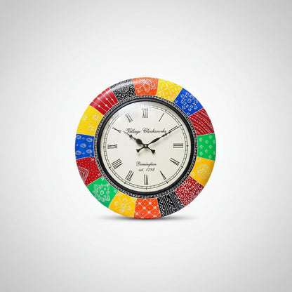 A colorful round wooden wall clock with a vibrant numeric dial and ornate patterns around the rim.