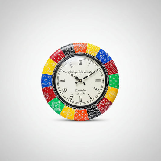 A colorful round wooden wall clock with a vibrant numeric dial and ornate patterns around the rim.