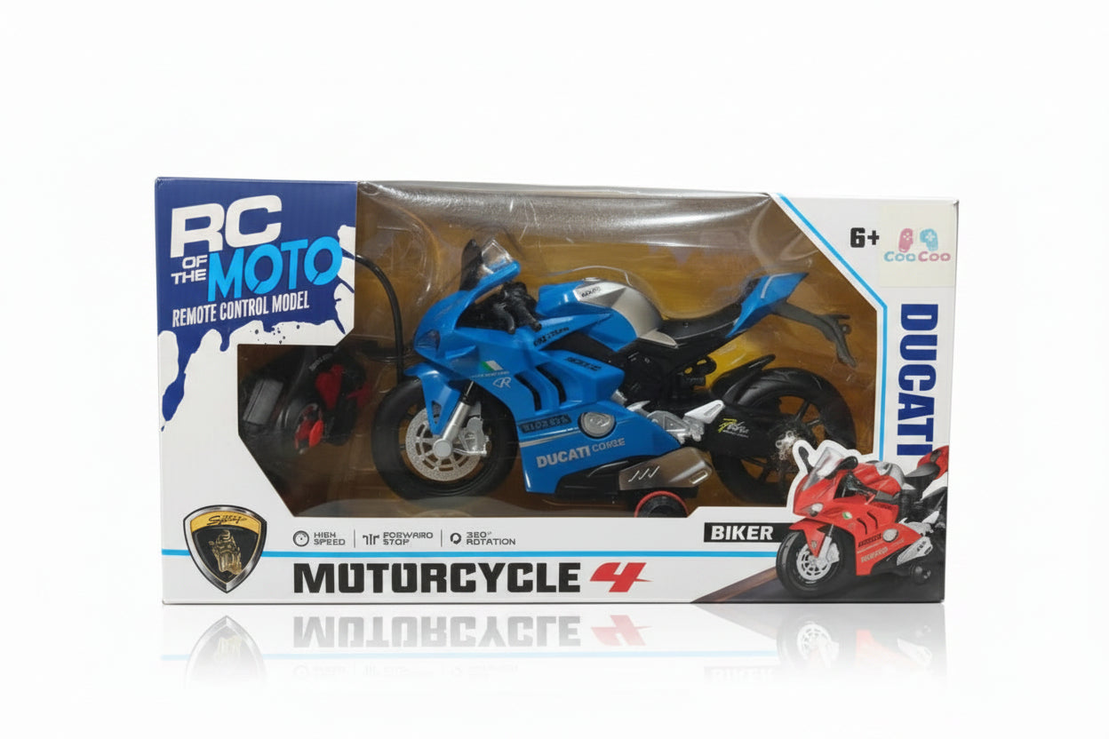 A blue and black remote control motorcycle toy named 'Luca' packaged in a clear plastic box with the label 'MOTORCYCLE 4' on the top. The packaging also shows images of the toy in action and features like 360 rotation and forward stop function.