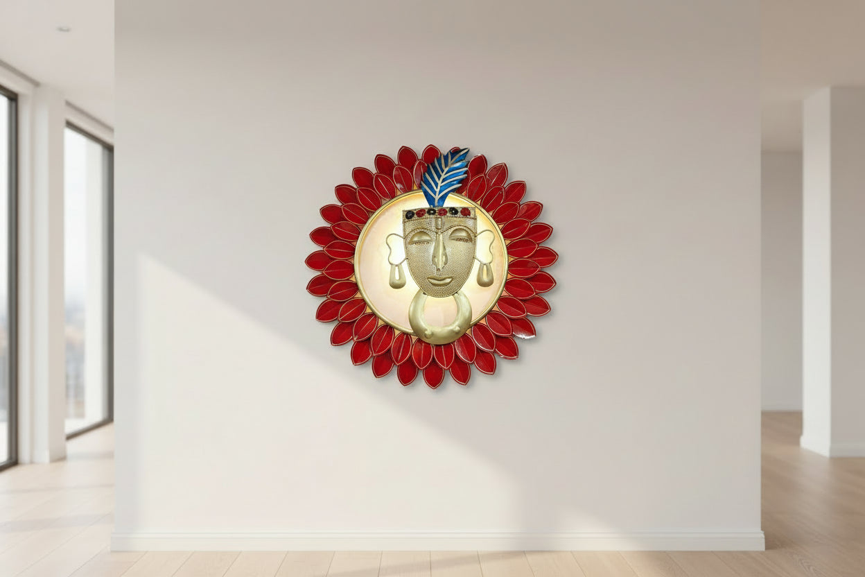 A multicolored metal wall LED decor featuring a representation of the Hindu deity Krishna playing the flute, with a background of red and yellow petals and a blue feather.