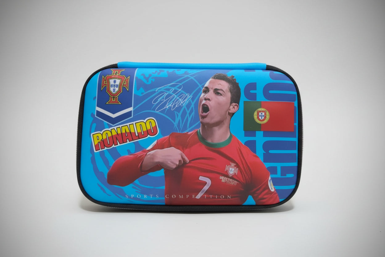 A pencil box featuring a 3D design with an image of a male soccer player in red jersey, predominantly blue background with a 'RONALDO' text.