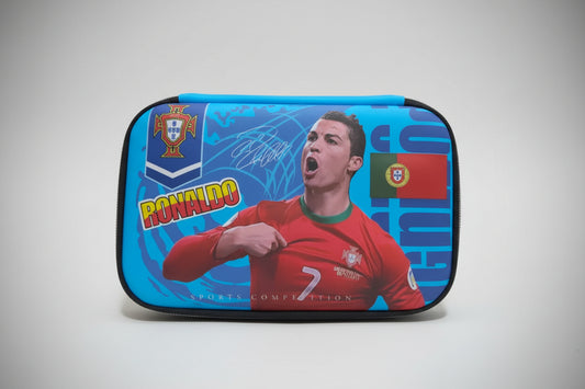 A pencil box featuring a 3D design with an image of a male soccer player in red jersey, predominantly blue background with a 'RONALDO' text.