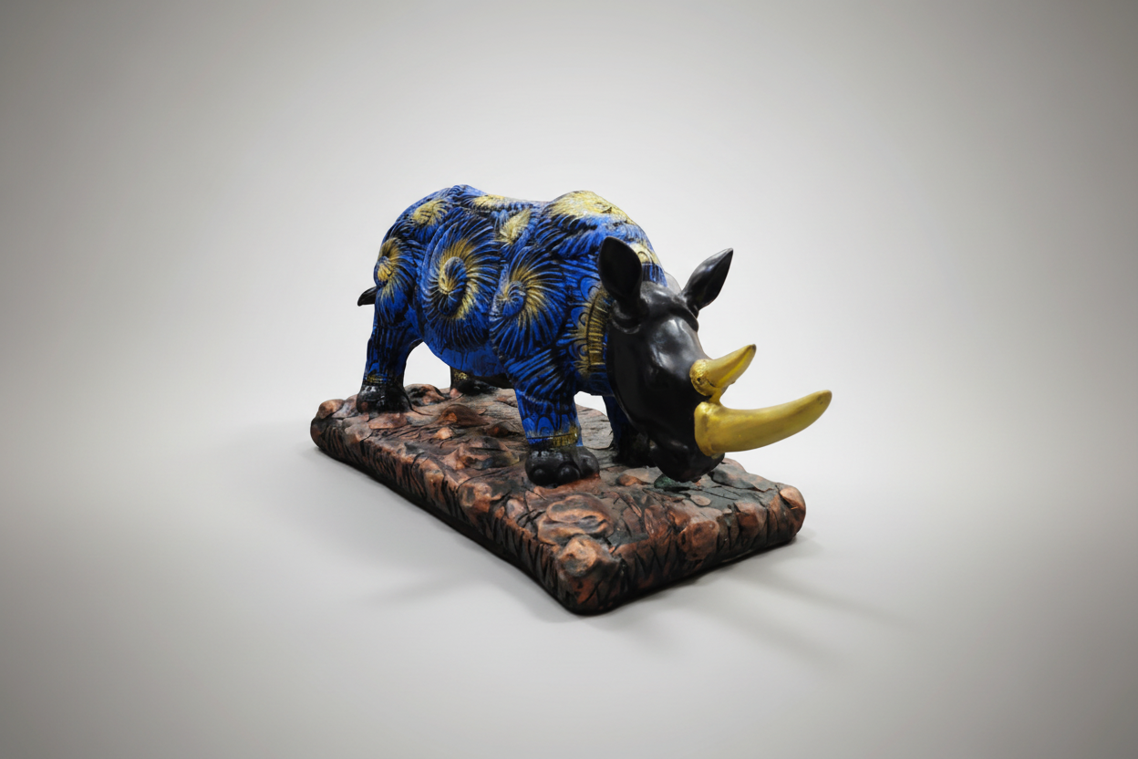 Decorative rhinoceros figurine with blue and yellow patterns on a white background