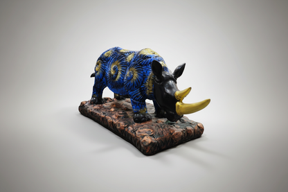 Decorative rhinoceros figurine with blue and yellow patterns on a white background