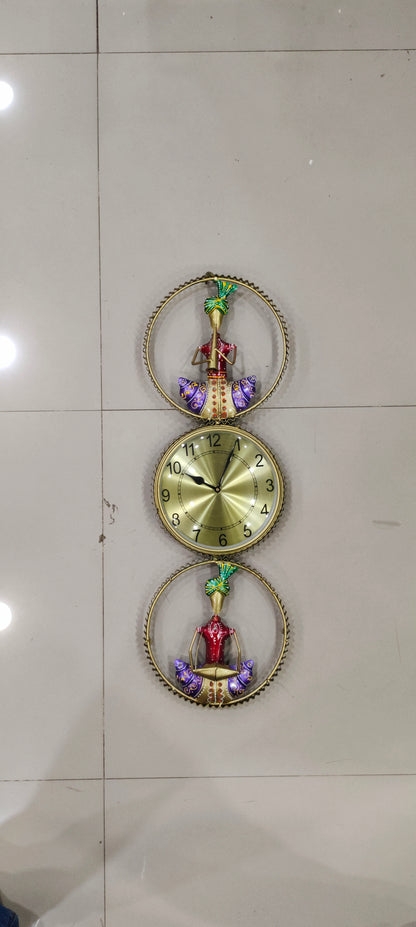 Handcrafted Brass Finish Metal Wall Clock with Rajasthani Musician Motifs
