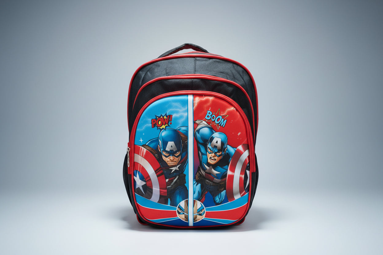 A 16-inch Captain America 3D character backpack featuring the Marvel Avenger in a dynamic pose with a shield graphic and comic-style background.
