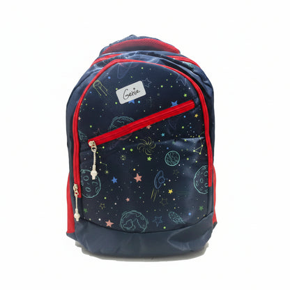 A black school bag with a space-themed print, featuring stars and planets, and red trim. The bag has multiple compartments and a zipper closure.