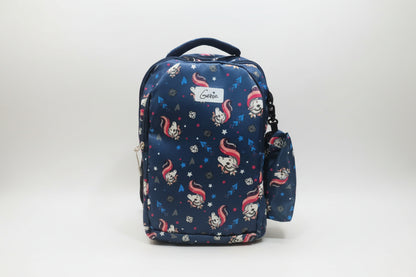 A blue school bag with character patterns and a small pouch attached to it.
