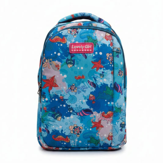 Blue ocean theme kids school backpack with colorful sea creature prints and “Lovely Girl” label, lightweight and spacious design for girls