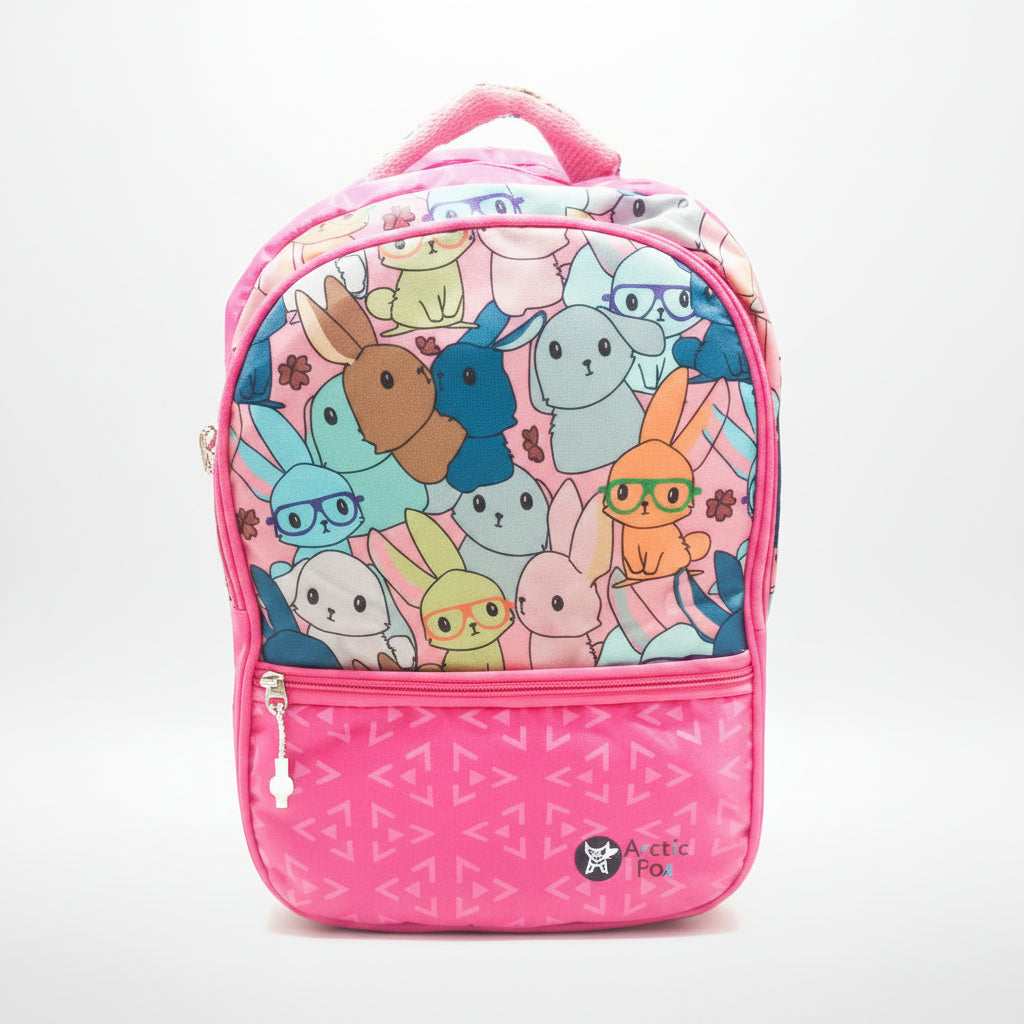 A pink school bag with a cartoon character pattern, featuring a main compartment and a front pocket with a zipper closure.