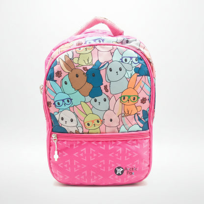 A pink school bag with a cartoon character pattern, featuring a main compartment and a front pocket with a zipper closure.