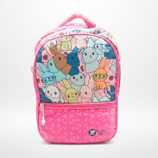 A pink school bag with a cartoon character pattern, featuring a main compartment and a front pocket with a zipper closure.