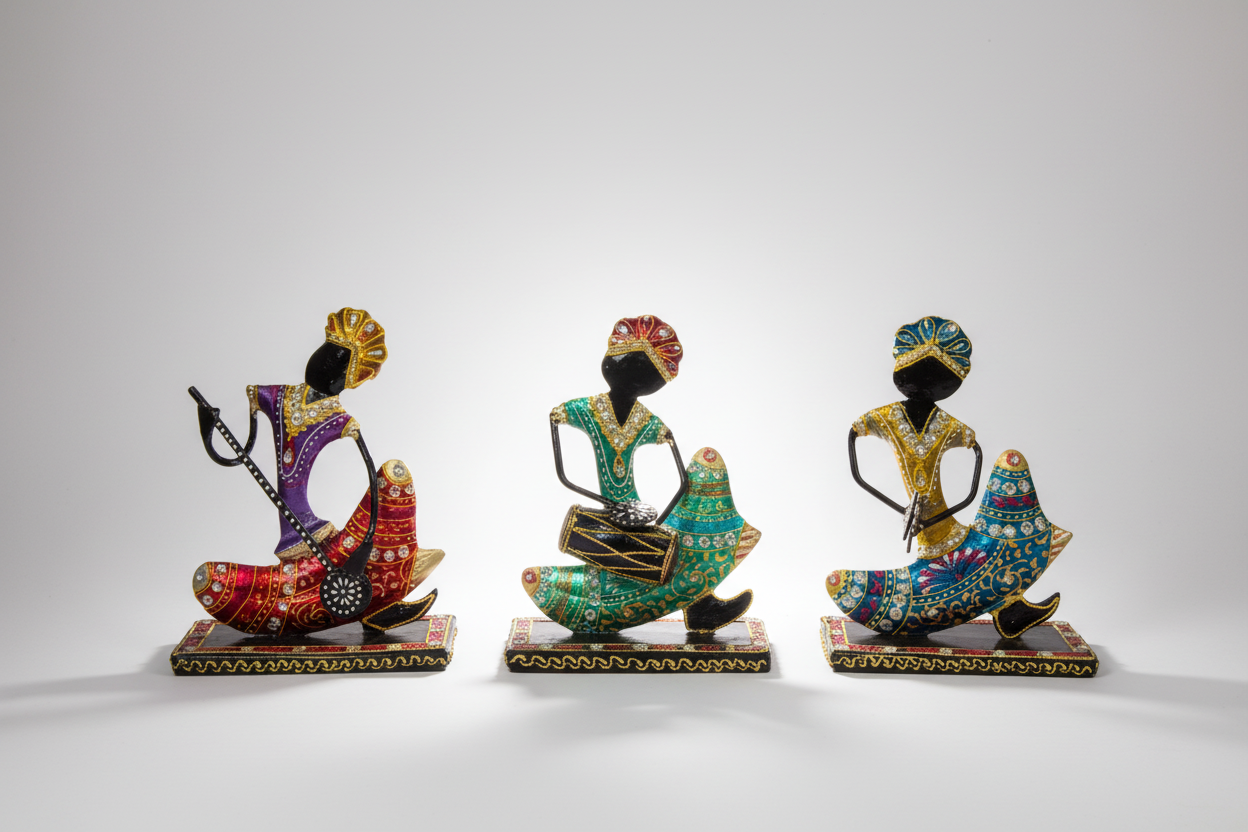 A set of three metal figurines representing folk musicians, each holding traditional instruments, and dressed in colorful attire.