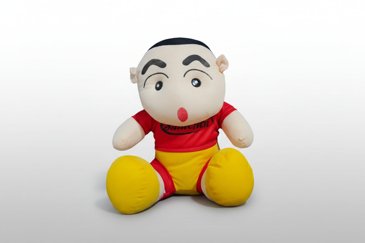A plush toy depicting the character Shin Chan wearing a red and yellow outfit.