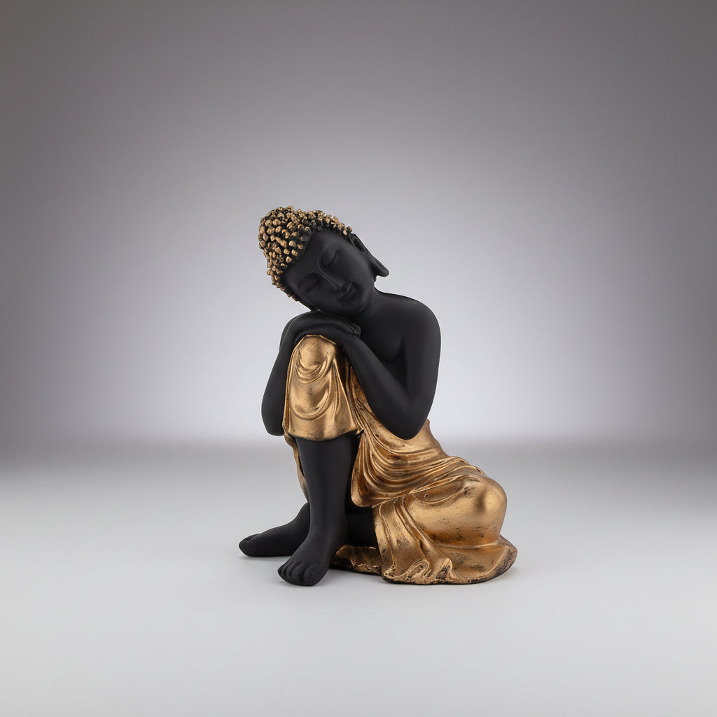 A black and gold Buddha resting statue with intricate details, depicting the Buddha in a relaxed posture with a golden hue on the clothing and a black base.