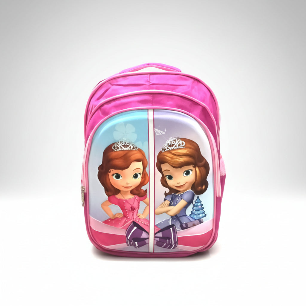 A 16-inch pink school backpack featuring a 3D character design of two princesses with tiaras and colorful dresses on a pink base.