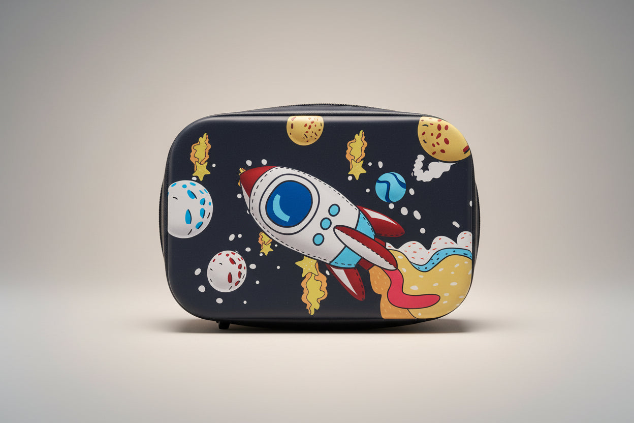 A pencil case with a 3D space theme, featuring a rocket and planets design.