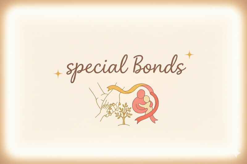 Illustration of a mother and child with 'special bonds' text on a light green background
