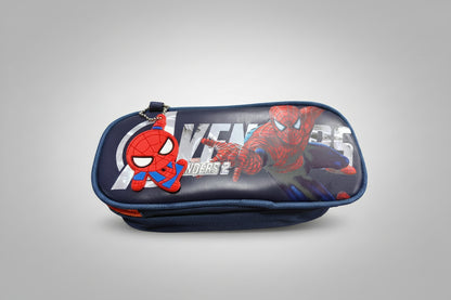 A Spider Man themed pencil pouch with an action scene print, predominantly featuring the character in red and blue colors against a dark background.