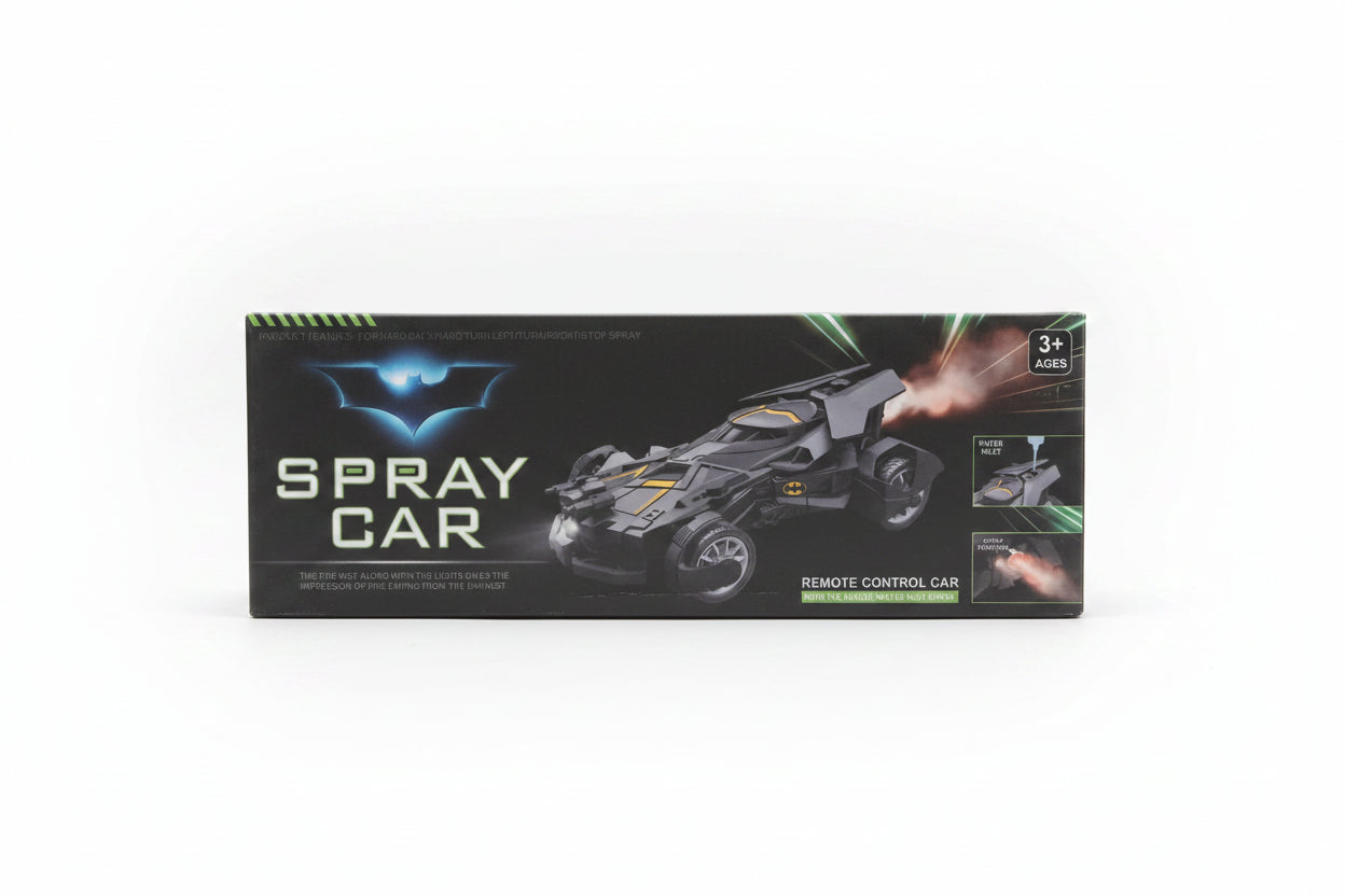 Boxed remote control car with Batmobile design on a white background