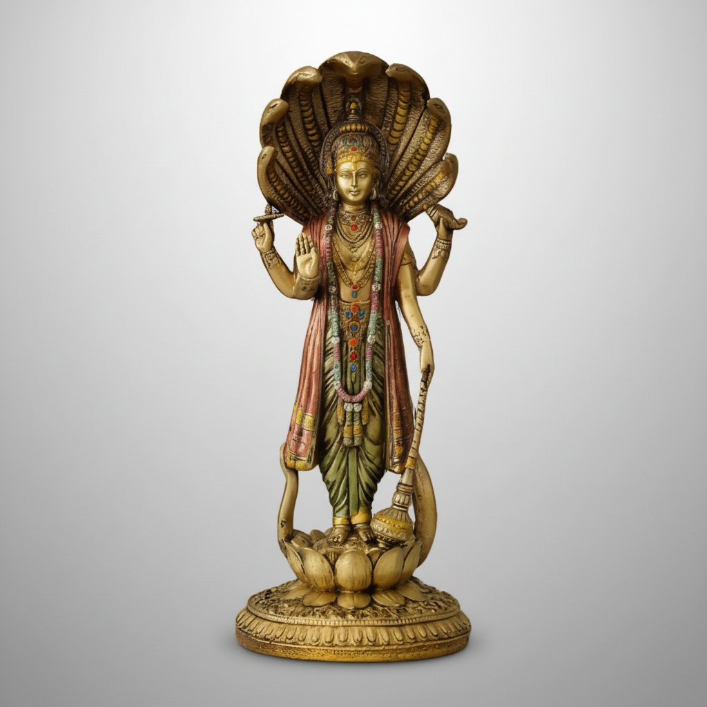 A standing idol of Lord Venkatesh Narayan-Vishnu Ji with intricate details, predominantly in gold color with multicolor garments.