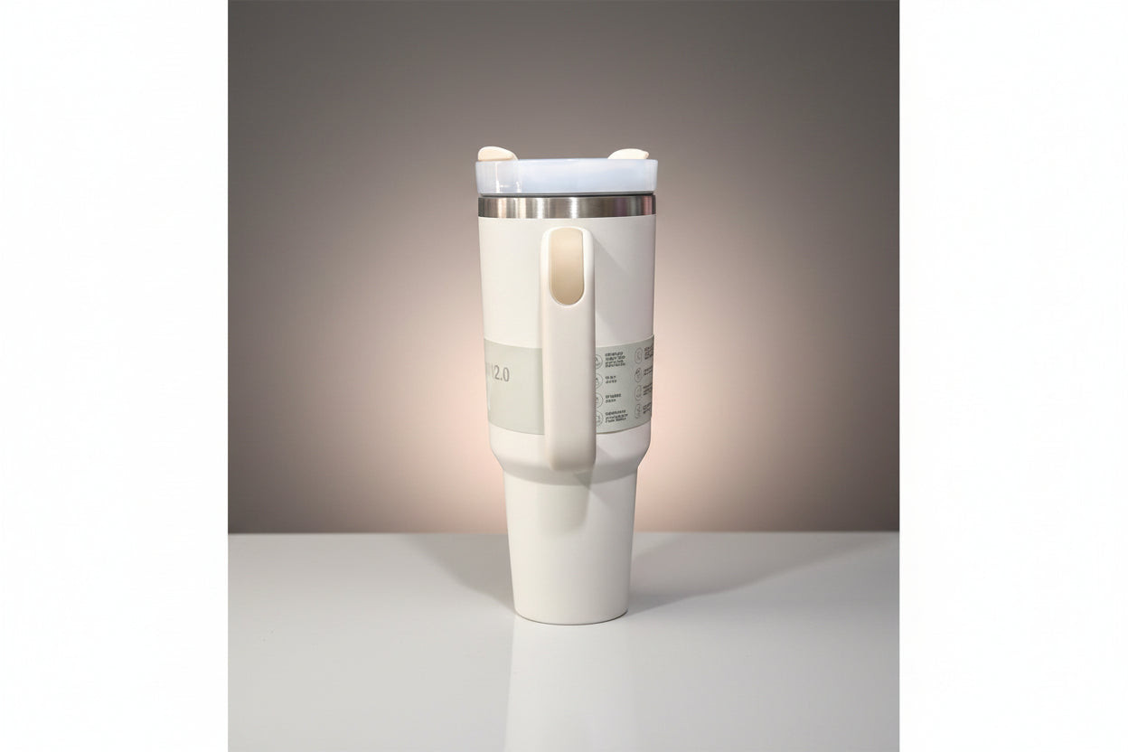 White travel mug with a handle on a white background
